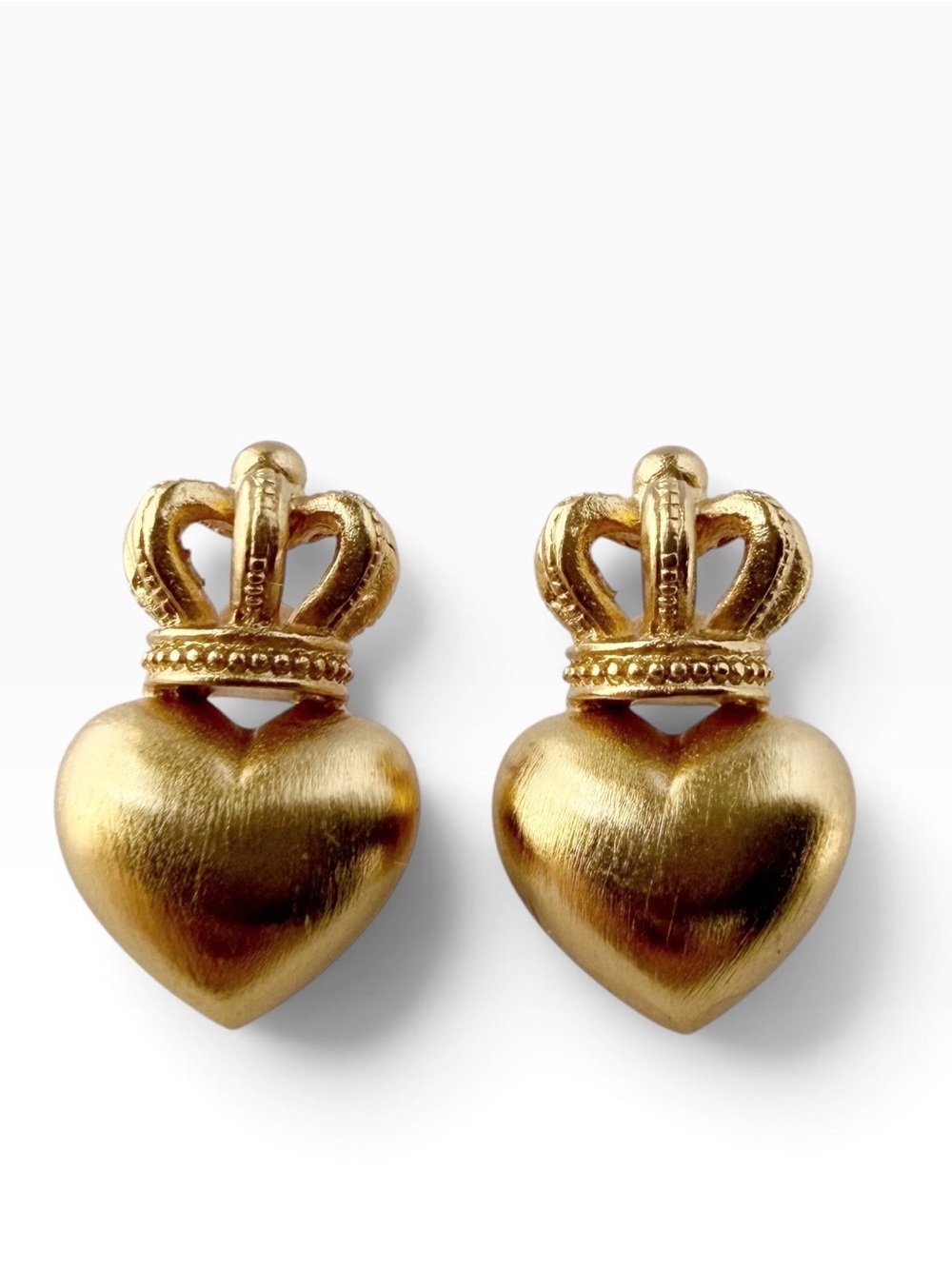 Vintage Anne Klein Matte Brushed Goldtone Crown Heart Stud Earrings
